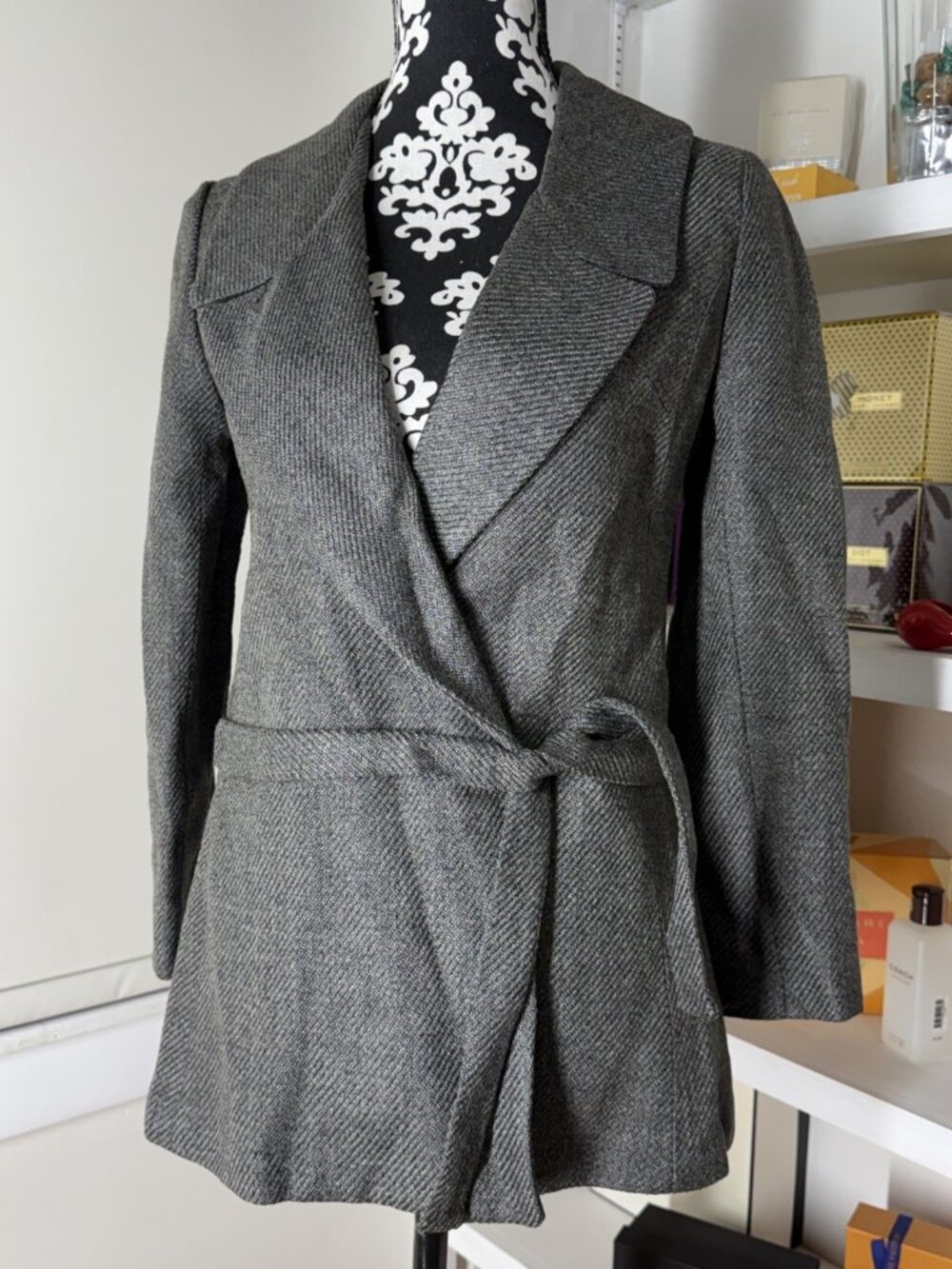 Vintage 60s Wrap tie waist 100% Wool Blazer Gray Arthur Jay Small chic Classy